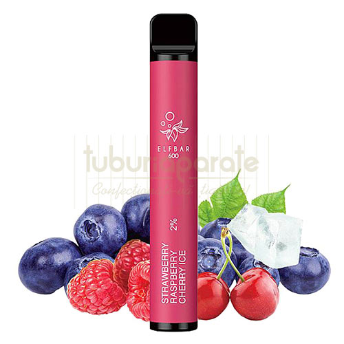 Mini narghilea unica folosinta - Elf Bar Strawberry Raspberry Cherry Ice cu 600 pufuri si 20 mg nicotina - TuburiAparate.ro